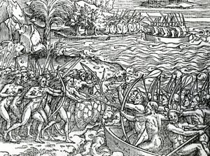 Kriegsszene, Brasilien, Illustration aus "Singularities of France Antarctique" von Andre de Thevet, 1558