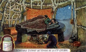 Schlafweisen: Afghanen-Steinlage. Liebig-Verpackung Chromolithographie
