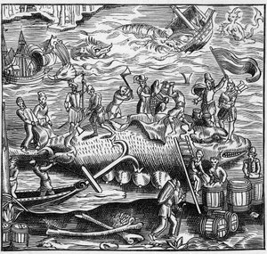 Walfang an der französischen Atlantikküste im Mittelalter. Gravur in „La Marine et les colonies: commerce“