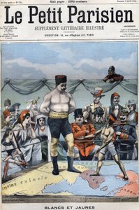 Weiß und Gelb (Karikatur über den Russisch-Japanischen Krieg: Länder wie Frankreich, USA, China... beobachten Japan und Russland beim Boxen). Titelblatt Le petit Parisien vom 3. April von French School
