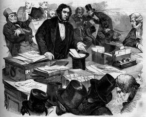 William Ewart Gladstone (1809-1898), englischer Politiker, Kanzler des Schatzamtes, präsentiert das Budget und den Handel im House of Commons. London, England
