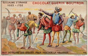 Wilhelm von Oranien zerstört Deiche, um Holland zu überfluten (Chromolithografie) von French School