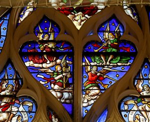 Fenster, das Engelmusiker zeigt: Trompete, Harfe, Flöte, Orgel von French School
