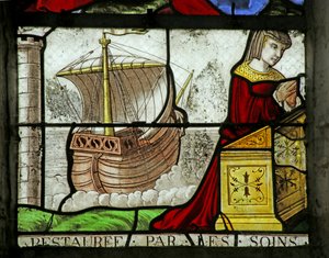 Fenster, das eine weibliche Stifterin und ein Boot darstellt