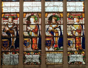 Fenster, das Jacques de Bourbon (1315-61) Comte de la Marche, Jeanne de Chatillon-Saint-Pol (gest. 1371) Jean I de Bourbon (1361-94) und Catherine, Comtesse de Vendome zeigt