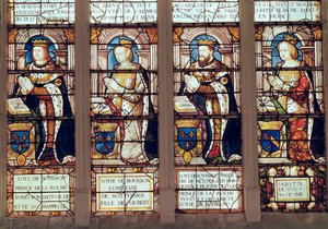 Fenster, das Louis de Bourbon (1465-1520) Prinz de La Roche-sur-Yon, Louise de Bourbon (gest. 1561) Comtesse de Montpensier, Louis II de Bourbon (1513-82) Duc de Montpensier und Jacquette de Longwy zeigt