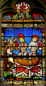 Fenster mit den Heiligen Crispin und Crispinian: das Martyrium (Buntglas) von French School