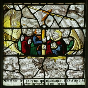 Fenster mit dem Heiligen Nikolaus, der Pilger vor einem Schiffbruch rettet von French School