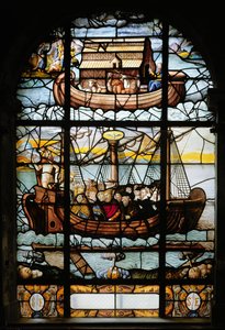 Fenster, das ein Schiff mit Heiligen und die Arche Noah darstellt, 1612-22