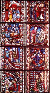 Fenster, das die Legende von St. Nikolaus, den Tod von St. Martin, St. Johannes den Täufer predigend in der Wüste, die Beschneidung von St. Johannes dem Täufer, die Legende von St. Stephan, die Predigt von St. Johannes dem B von French School