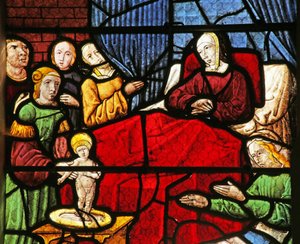 Fenster, das die Geburt des Heiligen Nikolaus darstellt