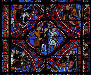 Fenster, Darstellung des vierten Abschnitts des Heiligen Jakobus-Fensters, w5: Eine Gruppe von Pilgern; Eine Szene aus der Legende des versteckten Bechers; das Martyrium des Heiligen