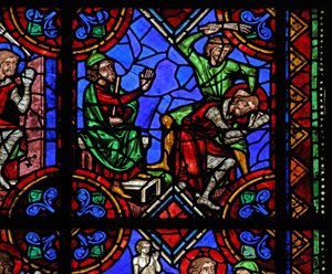 Fenster w06, Darstellung der Geschichte des Heiligen Julian von Brioude - Heiliger Ferreol, ein Freund von Julian, der während der Diokletianischen Verfolgungen starb, wird gefangen genommen und geschlagen von French School