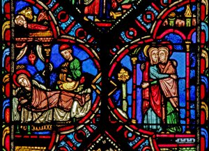 Fenster w0 mit der Geburt Christi und der Heimsuchung