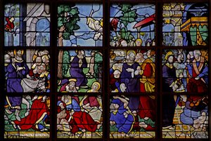 Fenster w10 mit Darstellung von 4 Szenen: der Einzug in Jerusalem, im Garten Gethsemane, der Verrat, vor Kaiphas von French School