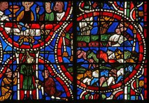 Fenster Nr. 11-L, Darstellung einer Szene aus der Geschichte von Joseph: Der Pharao träumt von den 7 fetten und 7 mageren Kühen - symbolisiert gute und schlechte Jahre