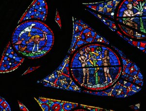 Fenster w115, die Schöpfung darstellend: Vögel, Adam und Eva und die Schlange von French School