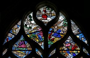 Fenster w124, Szenen aus der Sintflut und der Arche Noah. Oben der Stifter(?) Georges Le Picart de Radeval von French School