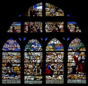 Fenster w128, Szenen aus der Geschichte von Moses; Durchzug durchs Rote Meer; Manna sammeln