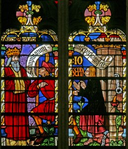 Fenster w134, eine Szene aus der Geschichte von Joseph: der Traum des Pharaos; Joseph deutet; die Magier im Gefängnis