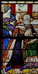 Fenster w13 zeigt Anne de Montmorency mit St. Anna, die der Jungfrau das Lesen beibringt von French School