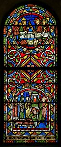 Fenster w13, im 19. Jahrhundert der Kirche geschenkt, stammen diese beiden Tafeln aus dem frühen 13. Jahrhundert und sind das älteste Glas in Chalons darstellend