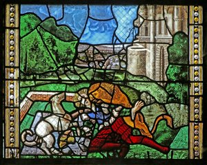 Fenster w16, Darstellung von St. Thomas in Indien wird zur Hochzeit von Pelagius eingeladen, wird von einem Diener geschlagen - der wiederum von einem Löwen gefressen wird. Ein Hund bringt den Arm des Dieners