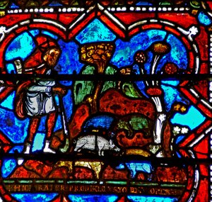Fenster w17 zeigt eine Szene aus der Geschichte des verlorenen Sohnes: er findet Arbeit als Schweinehirt von French School