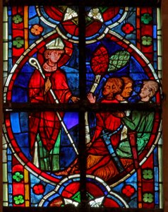 Fenster w209 zeigt eine Szene aus einer Legende des Heiligen Nikolaus: er konfrontiert einige Diebe