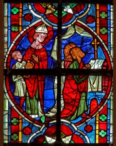 Fenster w209 zeigt eine Szene aus einer Legende des Heiligen Nikolaus: er hilft, die gestohlenen Waren wiederzufinden von French School