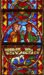Fenster w213, Darstellung einer Szene aus dem Leben von St. Thomas: bei einem Bankett bringt ein Hund den Arm des Mundschenks herein von French School