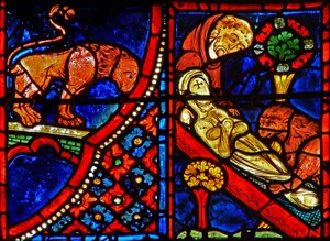 Fenster w21 zeigt einen Löwen, der Zosimus hilft, St. Maria die Ägypterin zu begraben von French School