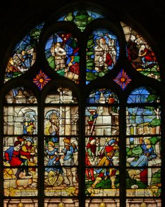 Fenster w21 mit Darstellung von Szenen aus dem Leben der St. Barbara