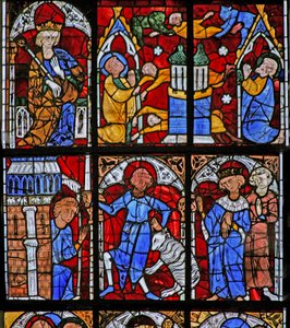 Fenster w221 mit einer Szene aus dem Leben des Heiligen Petrus: Simon Magus versucht zu fliegen; verwandelt sich in ein Schaf von French School