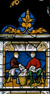Fenster w25 zeigt einen Tuchhändler bei der Arbeit im Tuchhändlerfenster von French School