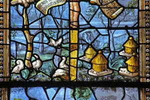 Fenster w26, das von Vergil inspirierte ländliche Szenen unter Christus am Kreuz darstellt