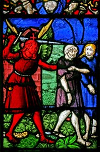 Fenster w2 mit Adam und Eva, die aus Eden vertrieben werden von French School