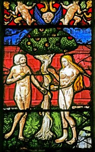 Fenster w2 mit Adam und Eva, die vom Baum der Erkenntnis von Gut und Böse verführt werden
