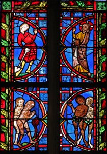 Fenster w30, Darstellung von Gott mit Adam, der einen Spaten trägt; Adam und Eva versuchen, ihre Nacktheit zu verbergen