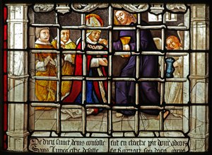 Fenster w31 zeigt eine Szene aus dem Leben von St. Denis: empfängt die Kommunion von Christus im Gefängnis