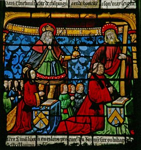Fenster w3, Darstellung der Stifter - Henriette de Mauroy und Simon Liboron mit ihren Kindern und Schutzheiligen St. Heinrich und Simon von Kyrene