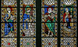 Fenster w47, Darstellung von St. Eloi, St. Laurentius, St. Johannes der Täufer und St. Nikolaus von French School
