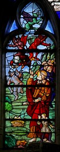 Fenster w4, St. Petrus mit Simon Magus, der nach einem Flugversuch fällt von French School