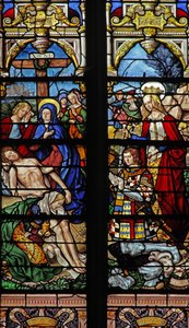 Fenster w4 mit der Kreuzabnahme und dem Stifter Francois de Montmorency und der heiligen Francoise