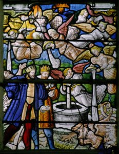 Fenster w5, Szenen aus dem Buch der Offenbarung des Johannes: Menschen werden verbrannt; Wasser wird zu Blut; Schalen werden geleert; Hagel fällt