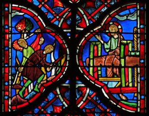 Die Bäume des Waldes werden mit einer Axt gefällt (L) Jesaja 10:33-34. Christus mit der Weinpresse (R) Jesaja 63:1-6
