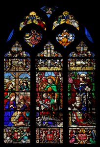 Fenster w6 mit der Geburt Christi und Hirten; Stifter Gaspard de Coligny und Frau und Schutzheilige
