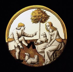 Fenster w70 Darstellung eines ungewissen Themas (das Jeu de quintaine?)