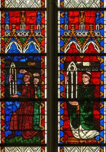 Fenster w7, das Stifter darstellt, die Tuchmacher von Sées und den Dekan von Argentan, die ein Fenster geben