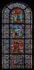 Fenster wXXI mit einem zusammengesetzten Fenster aus 4 Tafeln, drei im Zusammenhang mit St. Gervais und St. Protais